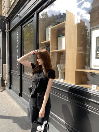 Lace-up round neck short sleeve top