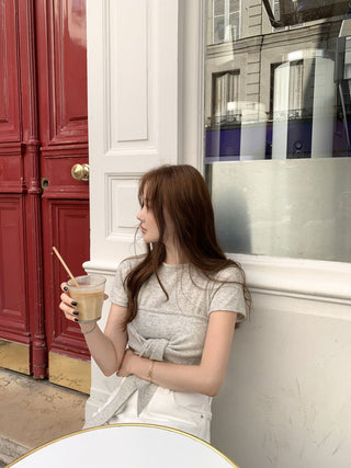 Lace-up round neck short sleeve top