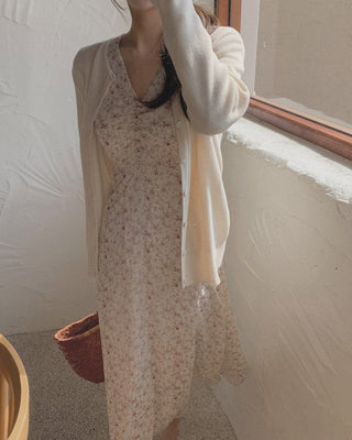 Slim chiffon floral lace-up dress