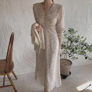 Slim chiffon floral lace-up dress