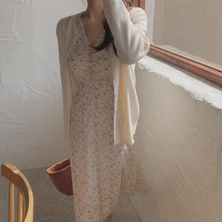 Slim chiffon floral lace-up dress