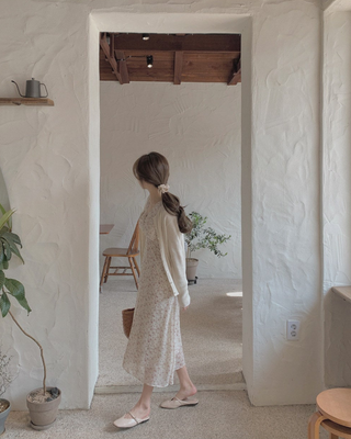 Slim chiffon floral lace-up dress