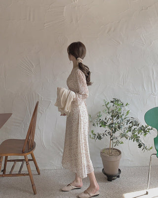 Slim chiffon floral lace-up dress