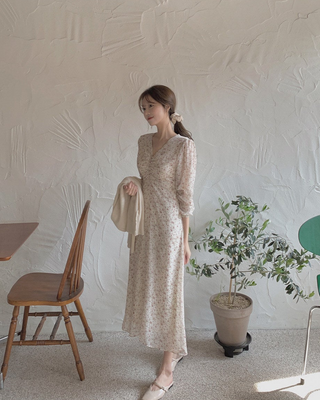 Slim chiffon floral lace-up dress