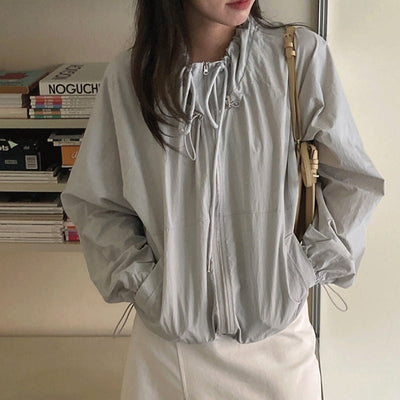 Drawstring stand collar coat