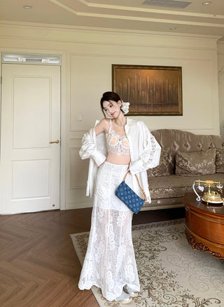 Lace Long Sleeve Shirt with Skirt