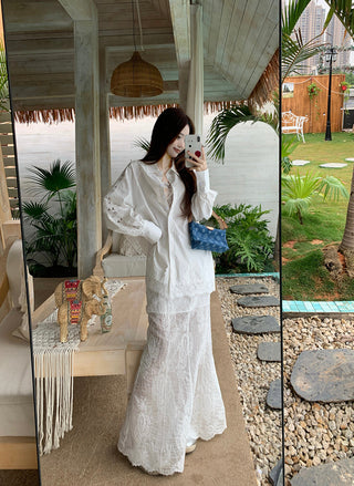 Lace Long Sleeve Shirt with Skirt