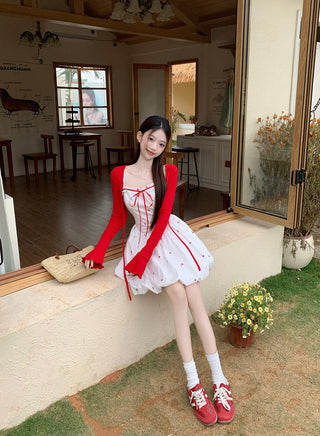 Bow Lace-Up Cardigan with Skirt