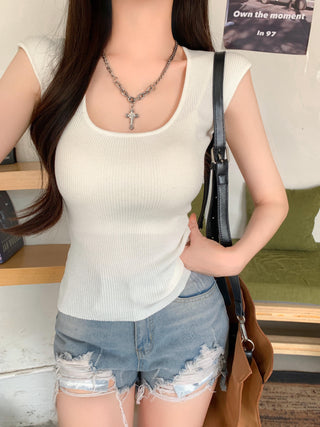 U-Collar Knitted Purple Top