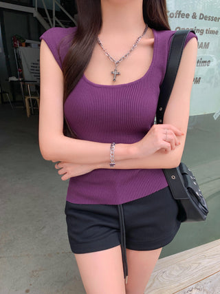 U-Collar Knitted Purple Top