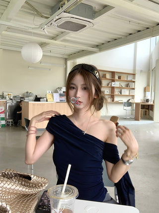 Oblique Shoulder Mesh Top with Culottes