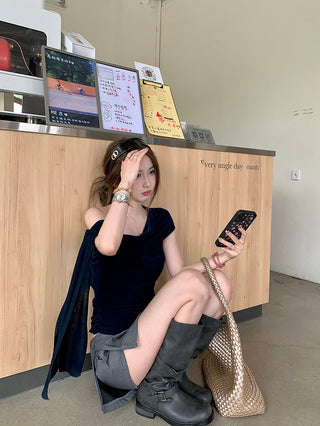 Oblique Shoulder Mesh Top with Culottes