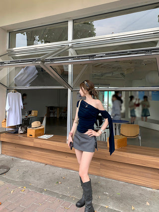 Oblique Shoulder Mesh Top with Culottes