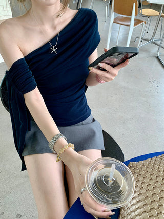 Oblique Shoulder Mesh Top with Culottes