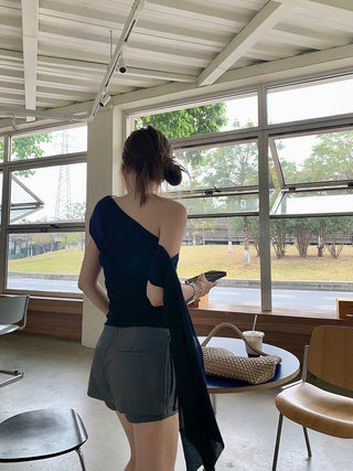 Oblique Shoulder Mesh Top with Culottes