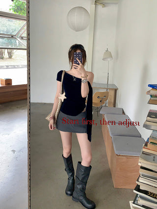 Oblique Shoulder Mesh Top with Culottes