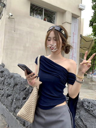 Oblique Shoulder Mesh Top with Culottes