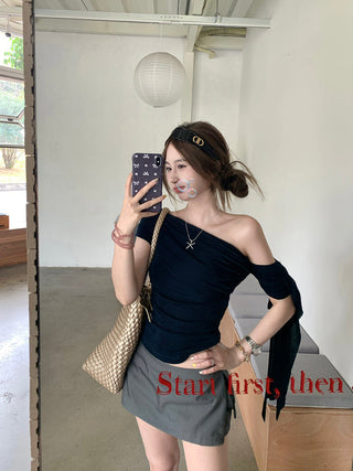 Oblique Shoulder Mesh Top with Culottes