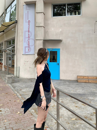 Oblique Shoulder Mesh Top with Culottes