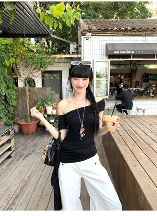 Black Ribbon Off-Shoulder Top