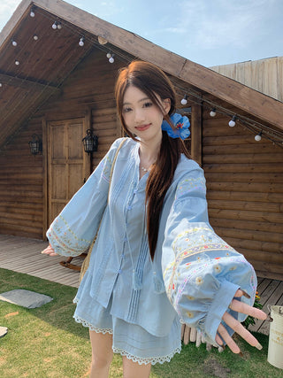 Flower Embroidered Shirt with Lace Skirt