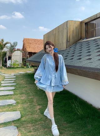 Flower Embroidered Shirt with Lace Skirt