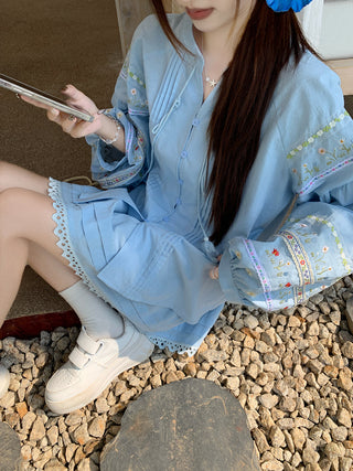 Flower Embroidered Shirt with Lace Skirt