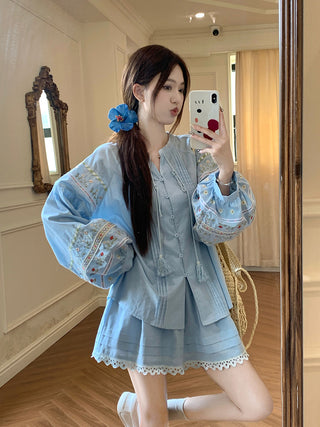Flower Embroidered Shirt with Lace Skirt