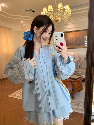 Flower Embroidered Shirt with Lace Skirt
