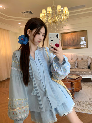 Flower Embroidered Shirt with Lace Skirt