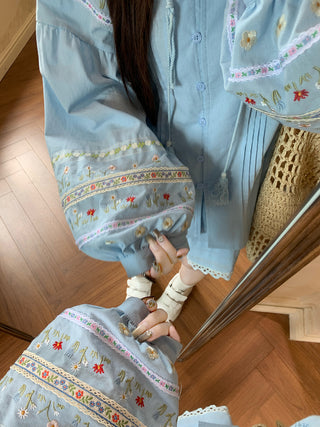 Flower Embroidered Shirt with Lace Skirt
