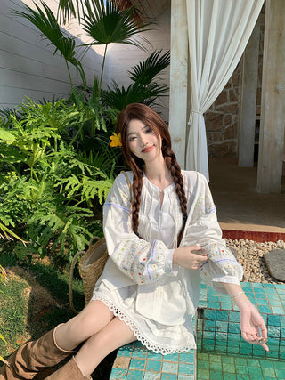 Flower Embroidered Shirt with Lace Skirt