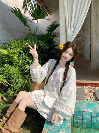 Flower Embroidered Shirt with Lace Skirt