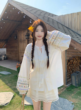 Flower Embroidered Shirt with Lace Skirt