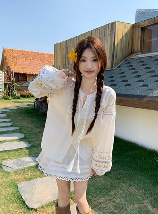Flower Embroidered Shirt with Lace Skirt
