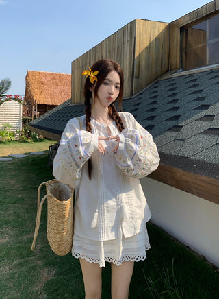 Flower Embroidered Shirt with Lace Skirt