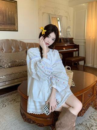 Flower Embroidered Shirt with Lace Skirt