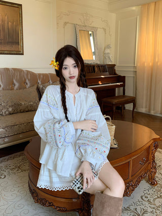 Flower Embroidered Shirt with Lace Skirt