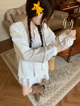 Flower Embroidered Shirt with Lace Skirt