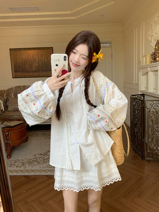 Flower Embroidered Shirt with Lace Skirt