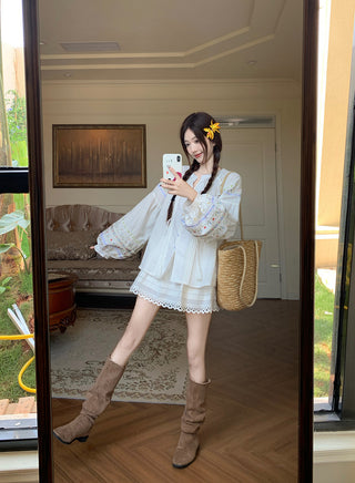 Flower Embroidered Shirt with Lace Skirt