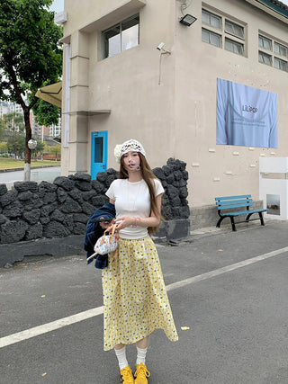 White Short Sleeve Top with Printed Skirt
