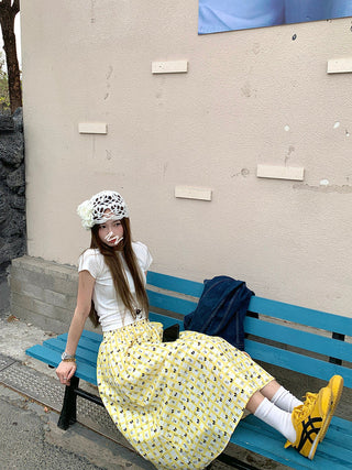 White Short Sleeve Top with Printed Skirt