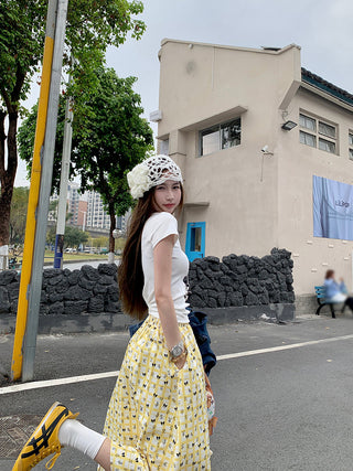 White Short Sleeve Top with Printed Skirt