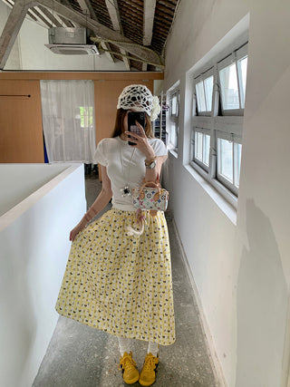 White Short Sleeve Top with Printed Skirt