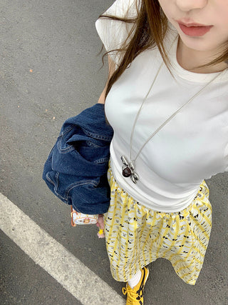 White Short Sleeve Top with Printed Skirt