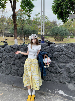 White Short Sleeve Top with Printed Skirt