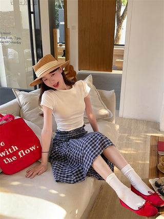 White Shoulder Top with Plaid Skirt