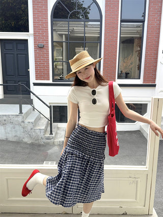 White Shoulder Top with Plaid Skirt