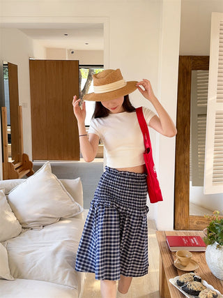 White Shoulder Top with Plaid Skirt